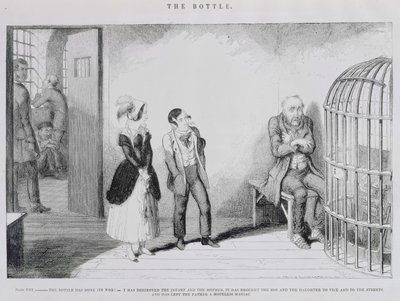 De Fles, Plaat VIII, De fles heeft zijn werk gedaan - het heeft de baby en de moeder vernietigd, het heeft de zoon en dochter naar de ondeugd en de straat gebracht, en heeft de vader hopeloos achte door George Cruikshank